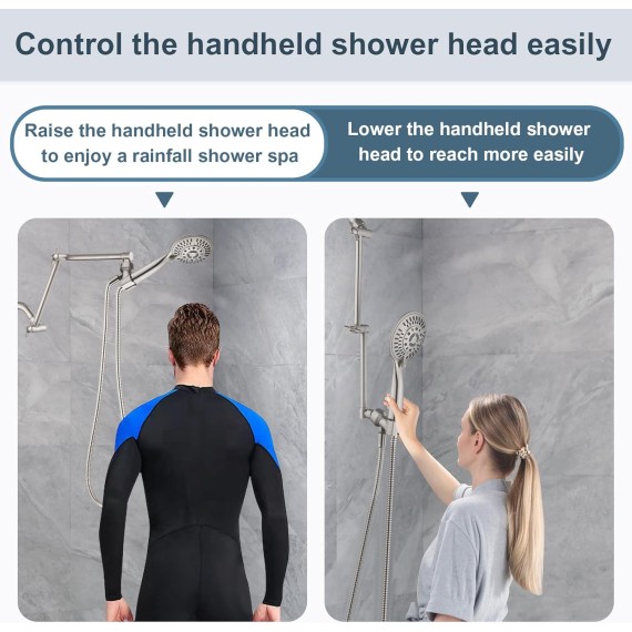 Brass Shower Arm Extender for Rain and Handheld Shower Head, 14 Inch Universal Shower Head Extension Arm, Adjustable Height & Angle, Brushed Nickel