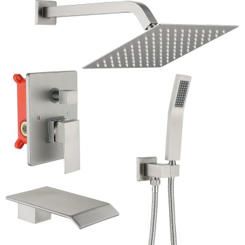 Brushed Nickel Shower Faucet Set 10-Inch Shower Head with handheld spray and Waterfall Bathtub Shower Faucet Set