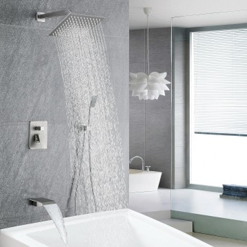 Brushed Nickel Shower Faucet Set 10-Inch Shower Head with handheld spray and Waterfall Bathtub Shower Faucet Set