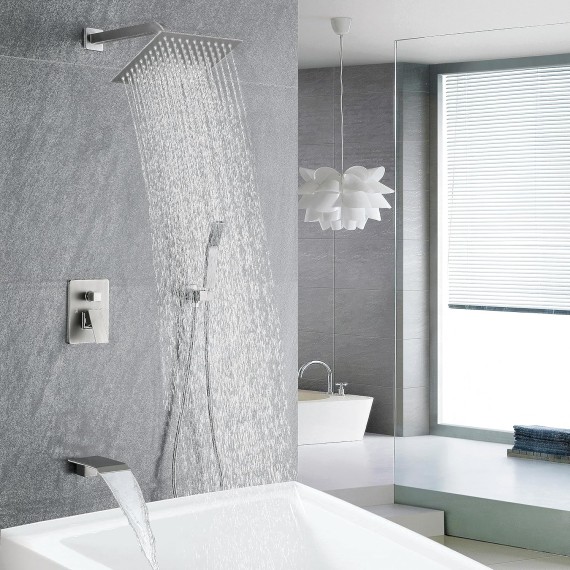 Brushed Nickel Shower Faucet Set 10-Inch Shower Head with handheld spray and Waterfall Bathtub Shower Faucet Set