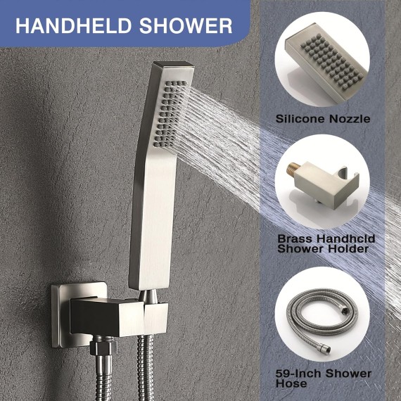 Brushed Nickel Shower Faucet Set 10-Inch Shower Head with handheld spray and Waterfall Bathtub Shower Faucet Set
