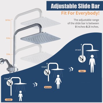 Rainfall Shower Head Combo, 8'' High Pressure Rain Shower Head with 6 Function Handheld Spray, Dual Shower Head Combo with Adjustable Slide Bar, Chrome