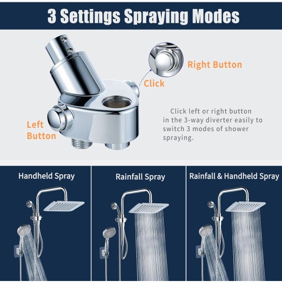 Rainfall Shower Head Combo, 8'' High Pressure Rain Shower Head with 6 Function Handheld Spray, Dual Shower Head Combo with Adjustable Slide Bar, Chrome