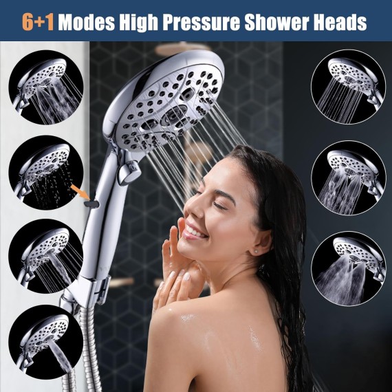 Rainfall Shower Head Combo, 8'' High Pressure Rain Shower Head with 6 Function Handheld Spray, Dual Shower Head Combo with Adjustable Slide Bar, Chrome