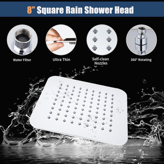 Rainfall Shower Head Combo, 8'' High Pressure Rain Shower Head with 6 Function Handheld Spray, Dual Shower Head Combo with Adjustable Slide Bar, Chrome