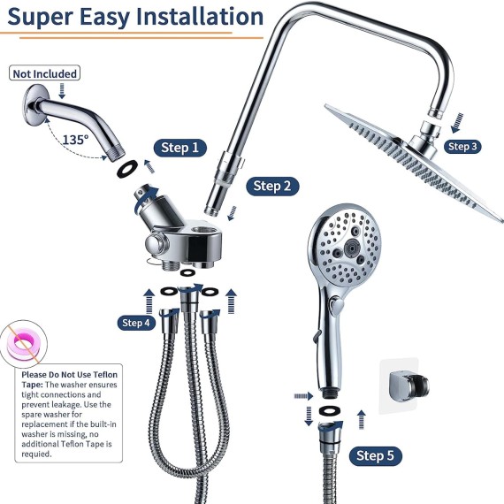 Rainfall Shower Head Combo, 8'' High Pressure Rain Shower Head with 6 Function Handheld Spray, Dual Shower Head Combo with Adjustable Slide Bar, Chrome