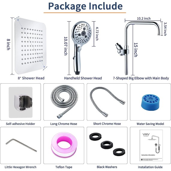 Rainfall Shower Head Combo, 8'' High Pressure Rain Shower Head with 6 Function Handheld Spray, Dual Shower Head Combo with Adjustable Slide Bar, Chrome
