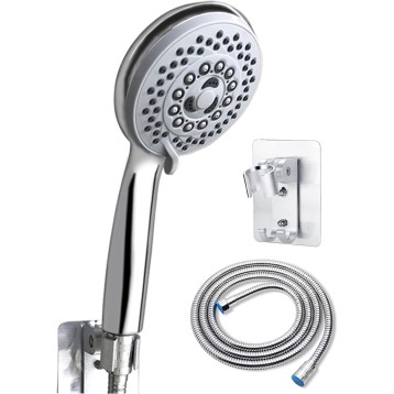 High Pressure Handheld Showerhead Combo Adjustable Curved Shower Extension Arm, 5-Settings, 78-inch Hose Adhesive Showerhead Holder, Chrome Finish