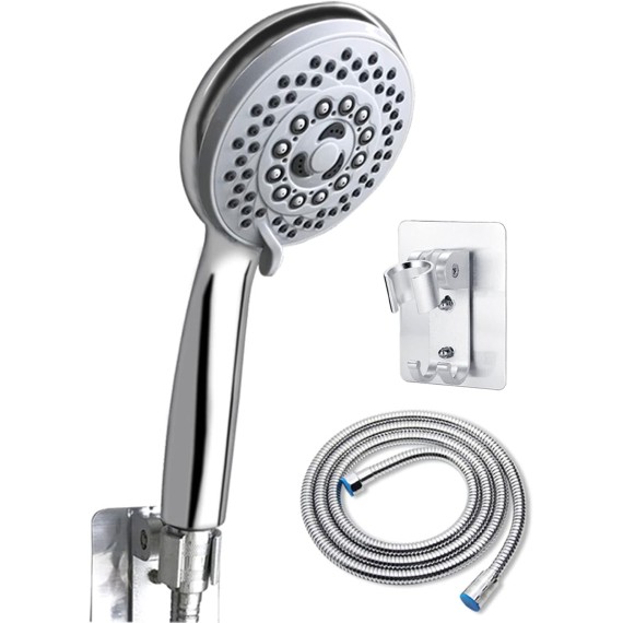 High Pressure Handheld Showerhead Combo Adjustable Curved Shower Extension Arm, 5-Settings, 78-inch Hose Adhesive Showerhead Holder, Chrome Finish