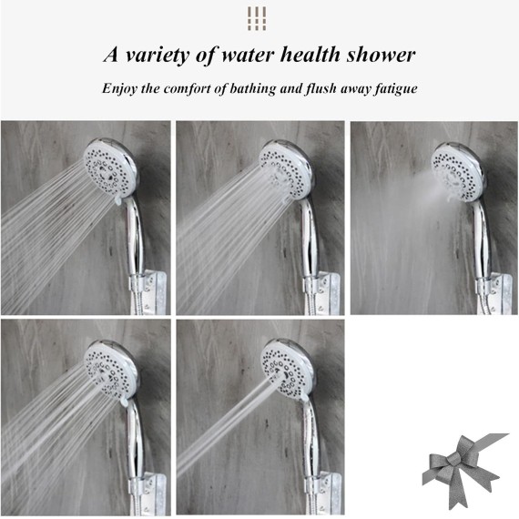 High Pressure Handheld Showerhead Combo Adjustable Curved Shower Extension Arm, 5-Settings, 78-inch Hose Adhesive Showerhead Holder, Chrome Finish