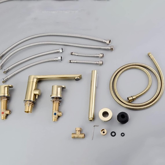 Bathtub Faucet Swivel Water Spout Bathtub Mixer Hot and Cold Water Mixer Aerator Bathtub Faucet Double Handle Brass Shower Mixer with Hand Shower,Brushed Gold (Color : Chrome Plated)