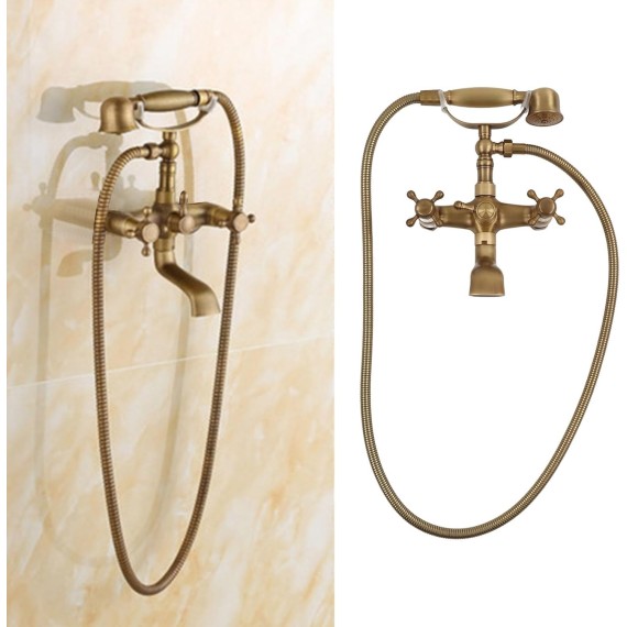 Handle Shower Head,Wall Mount Antique Brass Bathtub Faucet,Antique European Style Brass Wall Mounted Bathtub Shower Faucet System for Home Bathroom