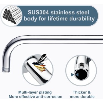 16 Inch Shower Head Extension Arm with Flange L Shaped Shower Arm Extender, Long Stainless Steel Rainfall Shower Head Pipe Arm, Chrome