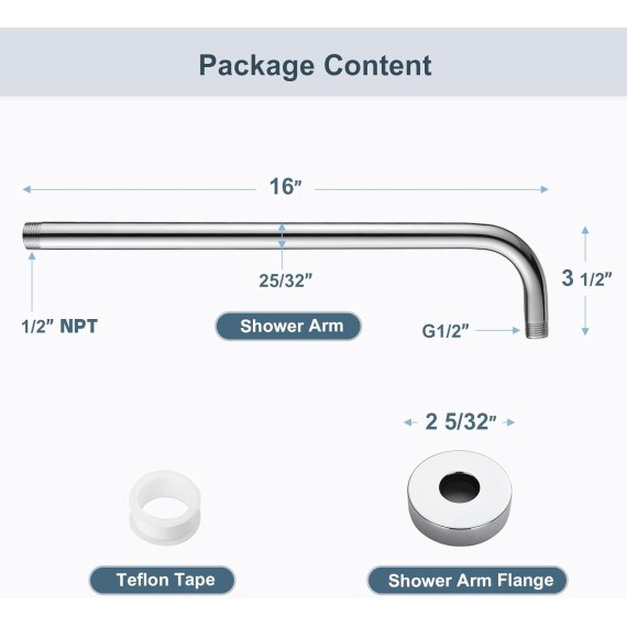 16 Inch Shower Head Extension Arm with Flange L Shaped Shower Arm Extender, Long Stainless Steel Rainfall Shower Head Pipe Arm, Chrome