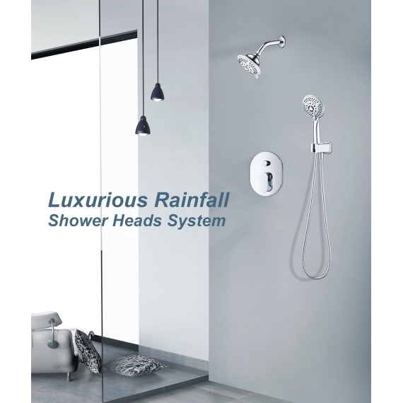 Shower Faucet Set, Shower Heads System with Rainfall Shower Head and Handheld Showerhead Combo, Shower Valve and Trim Kit, Wall Mounted Shower Holder and 79" Shower Hose, Chrome