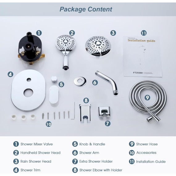 Shower Faucet Set, Shower Heads System with Rainfall Shower Head and Handheld Showerhead Combo, Shower Valve and Trim Kit, Wall Mounted Shower Holder and 79" Shower Hose, Chrome