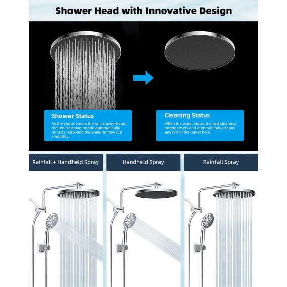 Self-cleaning Shower Head, 10'' High Pressure Rainfall Shower Head/Handheld Showerhead Combo with 12'' Adjustable Shower Extension Arm, 7-Spray, 71'' Hose, Showerhead Holder, Chrome