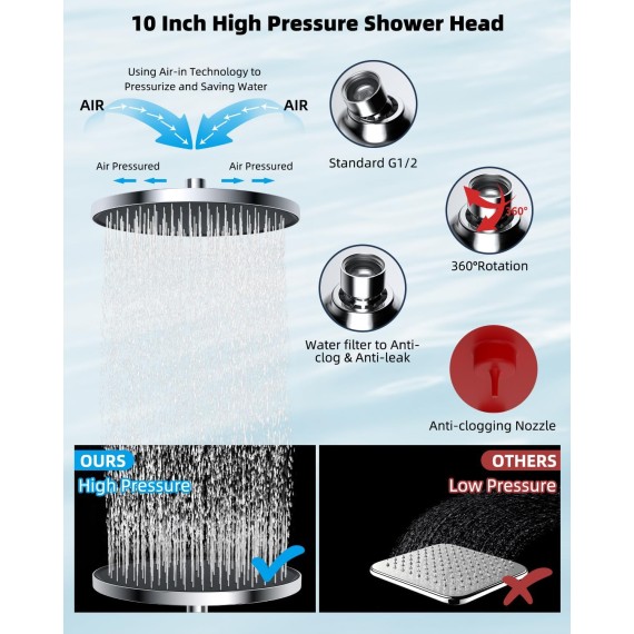 Self-cleaning Shower Head, 10'' High Pressure Rainfall Shower Head/Handheld Showerhead Combo with 12'' Adjustable Shower Extension Arm, 7-Spray, 71'' Hose, Showerhead Holder, Chrome