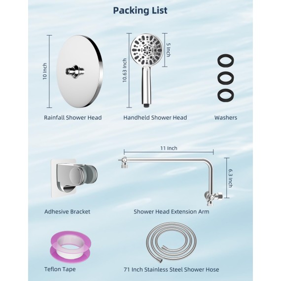 Self-cleaning Shower Head, 10'' High Pressure Rainfall Shower Head/Handheld Showerhead Combo with 12'' Adjustable Shower Extension Arm, 7-Spray, 71'' Hose, Showerhead Holder, Chrome
