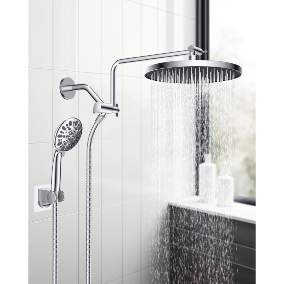 Self-cleaning Shower Head, 10'' High Pressure Rainfall Shower Head/Handheld Showerhead Combo with 12'' Adjustable Shower Extension Arm, 7-Spray, 71'' Hose, Showerhead Holder, Chrome
