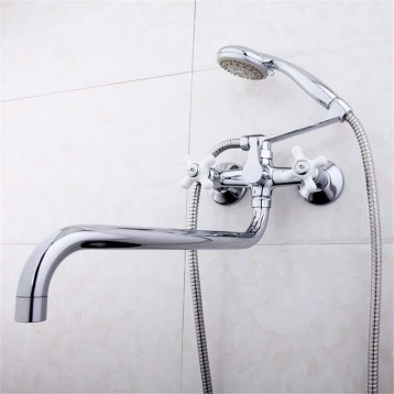 Bathtub Faucet with Hand Shower, Wall Mounted Brass Bathtub Faucets, Double Cross Handle 36cm Long Nose Water Outlet, Shower Faucet, with Shower Mixer Tap Set, Chrome (Color : Chrome)
