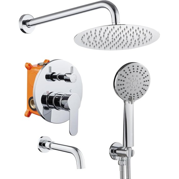 Shower System with Tub Spout, 10 inch Rain Shower and Handheld, Shower Faucet Set Complete Rough-in Valve and Trim Kit Included, Chrome