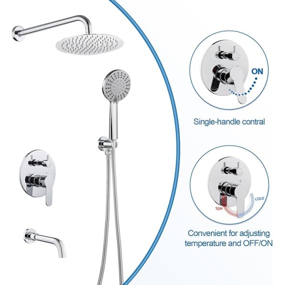 Shower System with Tub Spout, 10 inch Rain Shower and Handheld, Shower Faucet Set Complete Rough-in Valve and Trim Kit Included, Chrome