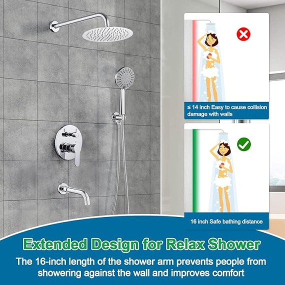 Shower System with Tub Spout, 10 inch Rain Shower and Handheld, Shower Faucet Set Complete Rough-in Valve and Trim Kit Included, Chrome