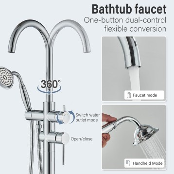 Floor Mount Bathtub Faucet Chrome Floor Mount Tub Filler High Flow Shower Faucets withDual Handheld Shower Mixer Taps Swivel Spout