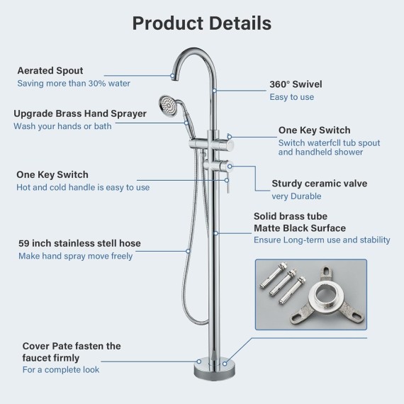 Floor Mount Bathtub Faucet Chrome Floor Mount Tub Filler High Flow Shower Faucets withDual Handheld Shower Mixer Taps Swivel Spout