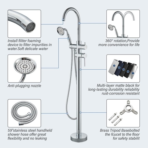 Floor Mount Bathtub Faucet Chrome Floor Mount Tub Filler High Flow Shower Faucets withDual Handheld Shower Mixer Taps Swivel Spout