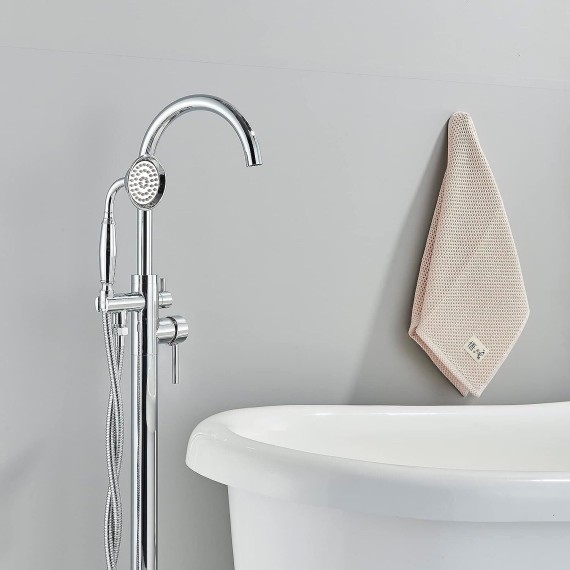 Floor Mount Bathtub Faucet Chrome Floor Mount Tub Filler High Flow Shower Faucets withDual Handheld Shower Mixer Taps Swivel Spout