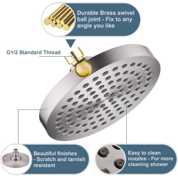 High Pressure Shower Head, 6 Inch Rain Shower Head, 2 Spray Settings Rainfall Shower Heads, Adjustable Angle Replacement Bathroom Showerhead, Easy Installation Brushed Nickel