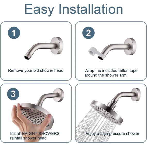 High Pressure Shower Head, 6 Inch Rain Shower Head, 2 Spray Settings Rainfall Shower Heads, Adjustable Angle Replacement Bathroom Showerhead, Easy Installation Brushed Nickel