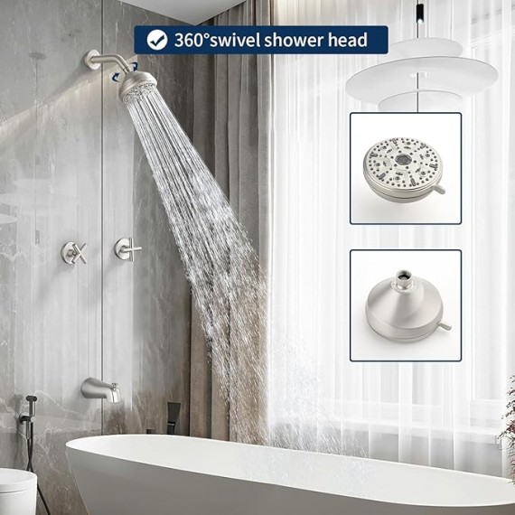 2 Handle Shower Faucet Set with Tub Spout Bathtub Shower Faucet Combo Set Shower System Complete Tub and Shower Trim Kit Brushed Nickel Wall Mounted Shower Fixtures