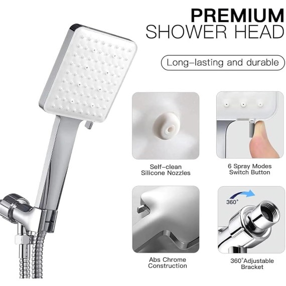Handheld High Pressure Shower Head, 6 Spray Modes/Settings Detachable Handheld Showerhead with 4.92Ft Stainless Steel Hose and Shower Arm Bracket (Color : Silver)