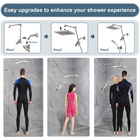 High Pressure Rain Shower Head Combo with Double Extension Arm, 8 Inch Rainfall Shower Head with Handheld Spray, Height Adjustable Dual Square Showerhead Set, Brushed Nickel