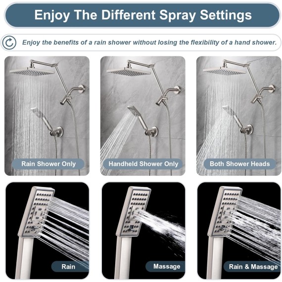 High Pressure Rain Shower Head Combo with Double Extension Arm, 8 Inch Rainfall Shower Head with Handheld Spray, Height Adjustable Dual Square Showerhead Set, Brushed Nickel