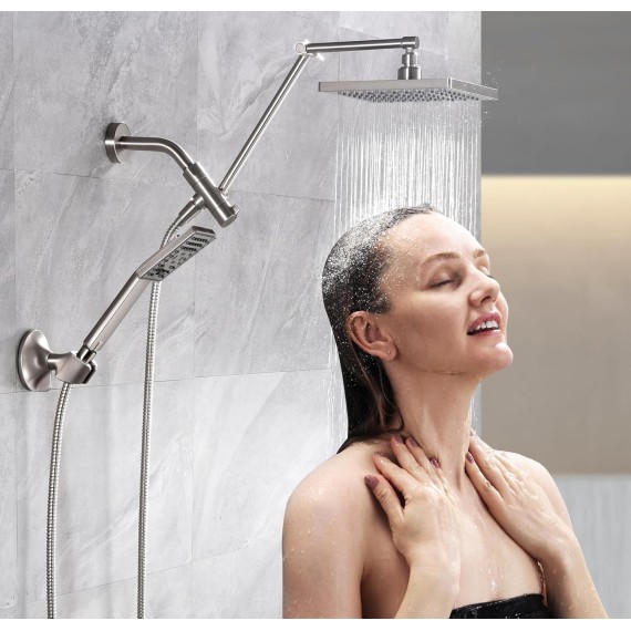 High Pressure Rain Shower Head Combo with Double Extension Arm, 8 Inch Rainfall Shower Head with Handheld Spray, Height Adjustable Dual Square Showerhead Set, Brushed Nickel