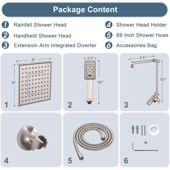 High Pressure Rain Shower Head Combo with Double Extension Arm, 8 Inch Rainfall Shower Head with Handheld Spray, Height Adjustable Dual Square Showerhead Set, Brushed Nickel
