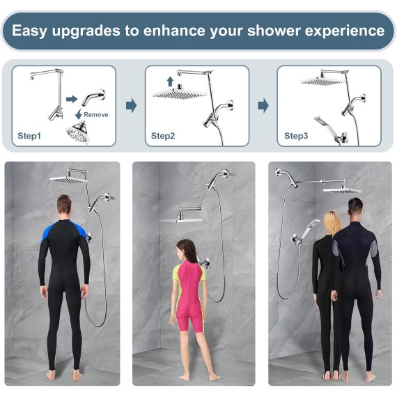High Pressure Rain Shower Head Combo with Double Extension Arm, 8 Inch Rainfall Shower Head with Handheld Spray, Height Adjustable Dual Square Showerhead Set, Chrome