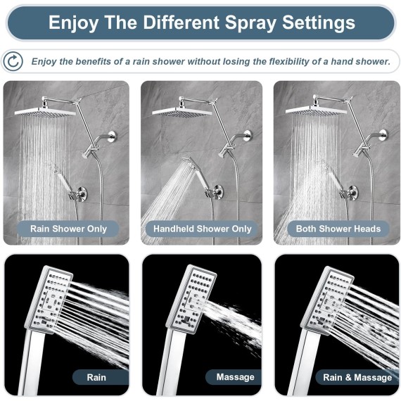 High Pressure Rain Shower Head Combo with Double Extension Arm, 8 Inch Rainfall Shower Head with Handheld Spray, Height Adjustable Dual Square Showerhead Set, Chrome