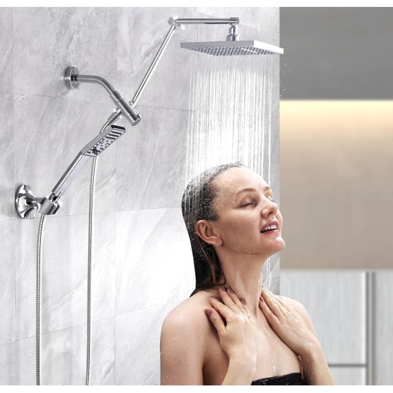 High Pressure Rain Shower Head Combo with Double Extension Arm, 8 Inch Rainfall Shower Head with Handheld Spray, Height Adjustable Dual Square Showerhead Set, Chrome