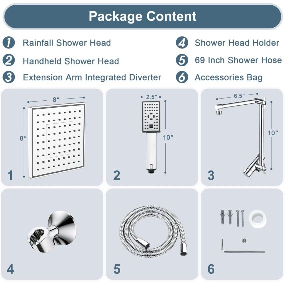 High Pressure Rain Shower Head Combo with Double Extension Arm, 8 Inch Rainfall Shower Head with Handheld Spray, Height Adjustable Dual Square Showerhead Set, Chrome