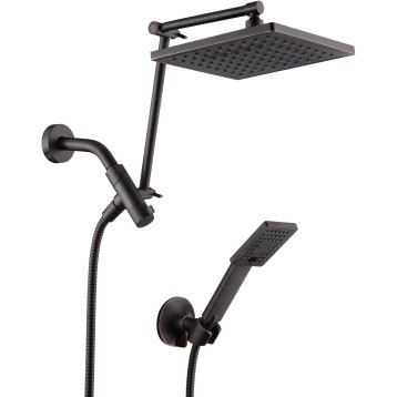 High Pressure Rain Shower Head Combo with Double Extension Arm, 8 Inch Rainfall Shower Head with Handheld Spray, Height Adjustable Dual Square Showerhead Set, Oil-Rubbed Bronze
