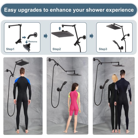 High Pressure Rain Shower Head Combo with Double Extension Arm, 8 Inch Rainfall Shower Head with Handheld Spray, Height Adjustable Dual Square Showerhead Set, Oil-Rubbed Bronze
