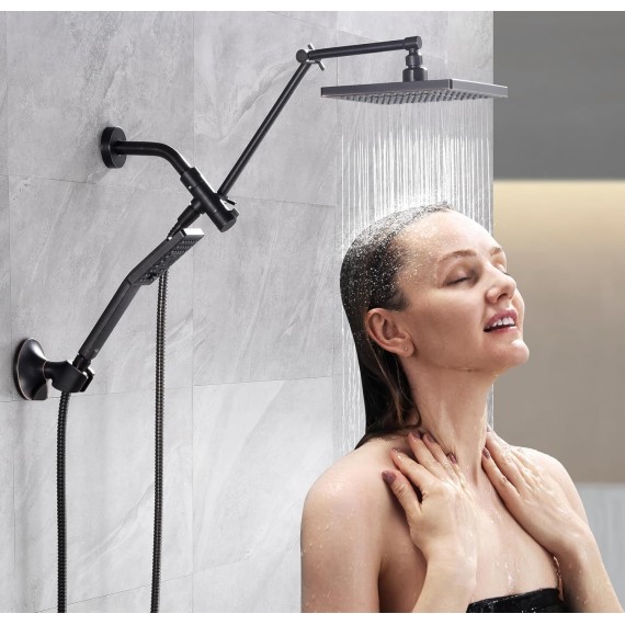 High Pressure Rain Shower Head Combo with Double Extension Arm, 8 Inch Rainfall Shower Head with Handheld Spray, Height Adjustable Dual Square Showerhead Set, Oil-Rubbed Bronze