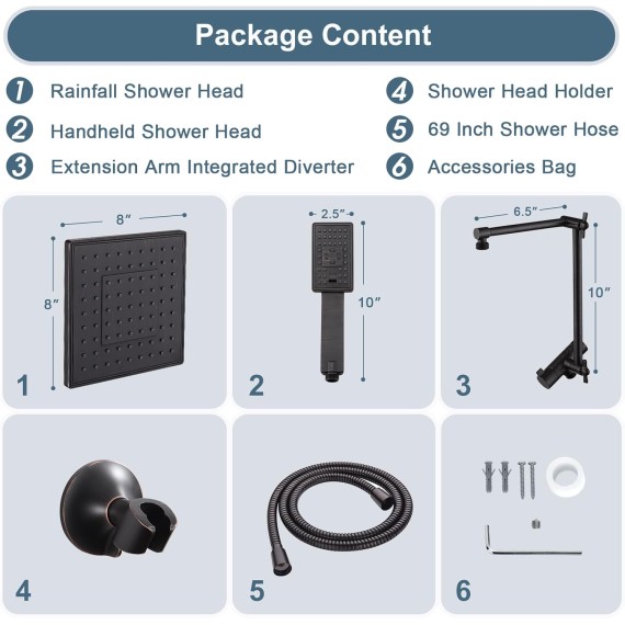 High Pressure Rain Shower Head Combo with Double Extension Arm, 8 Inch Rainfall Shower Head with Handheld Spray, Height Adjustable Dual Square Showerhead Set, Oil-Rubbed Bronze