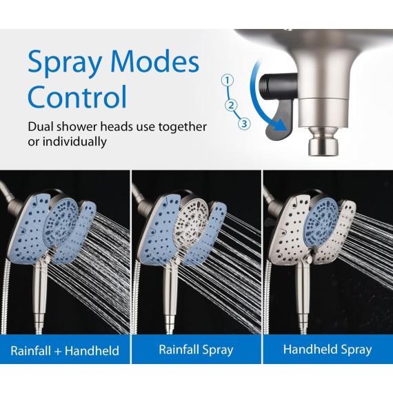 Nickel 2.5GPM Shower Head with Handheld High Pressure: 10” Rainfall Shower Head & HandHeld Shower Head, 10 Spray Settings Detachable Shower Head with ON/OFF Switch and 15-Stage Filter