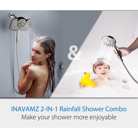 Nickel 2.5GPM Shower Head with Handheld High Pressure: 10” Rainfall Shower Head & HandHeld Shower Head, 10 Spray Settings Detachable Shower Head with ON/OFF Switch and 15-Stage Filter